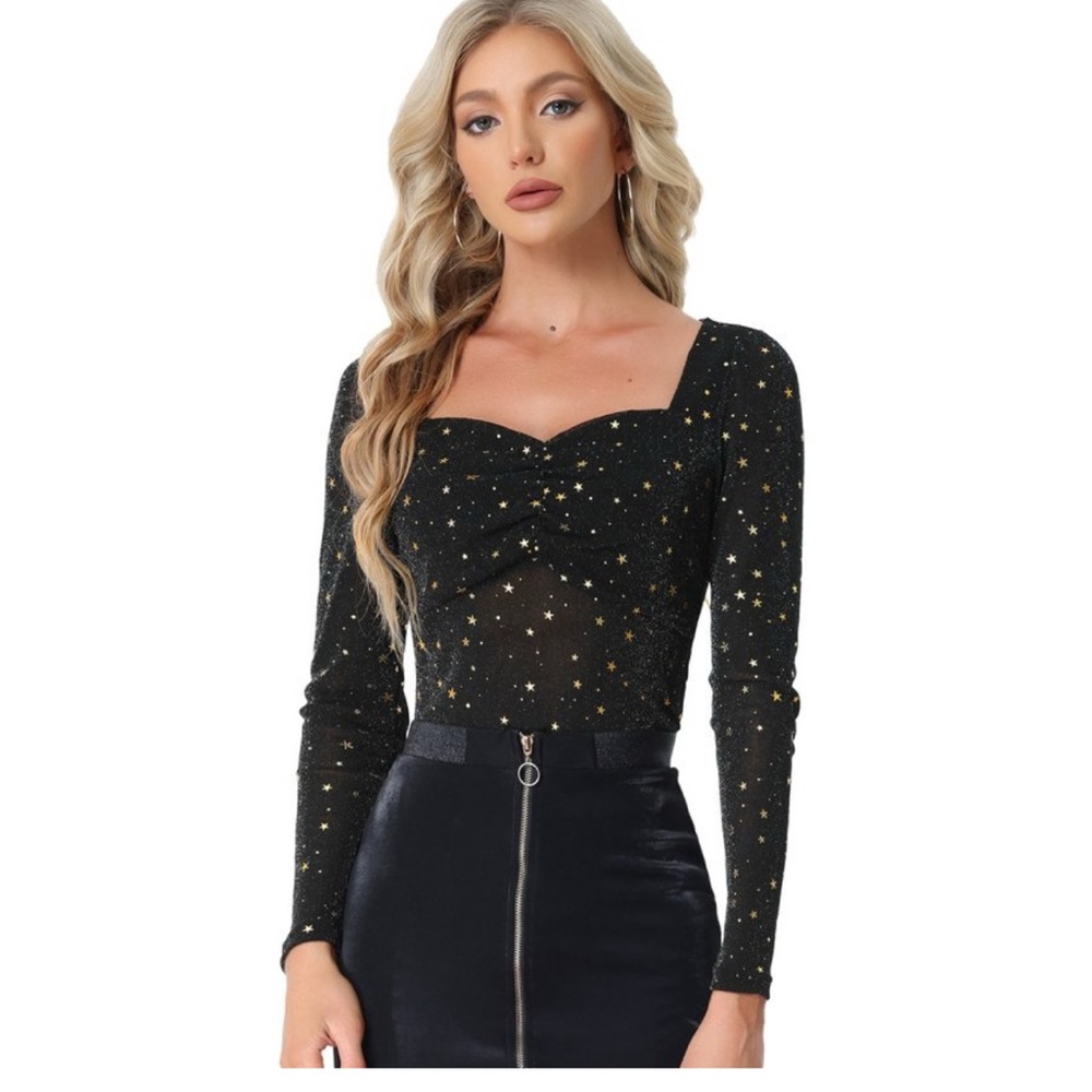 Allegra K Black Mesh Top with Gold Stars Large